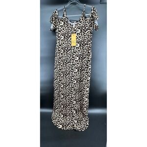 Grecerelle Womens Leopard Print Cold Shoulder Maxi Dress Side Slit Jersey Small